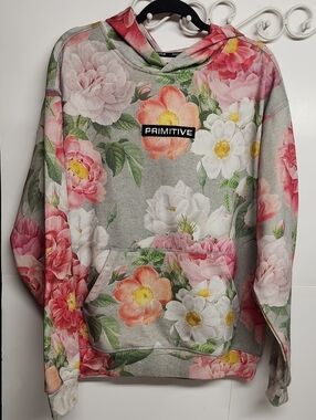 Primitive Skateboarding Gray Floral Hoodie with Pink White & Peach Blooms Size M
